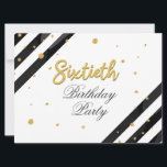 60th Birthday Surprise Gold Glitter Geometric Invitation<br><div class="desc">Modern Surprise 60th Birthday Script Gold Geometric Invitation featuring black stripes and gold foil glitter dots with script typography you can easily edit. 

For further customisation,  please click the "Customise it" button and use our design tool to modify this template.</div>
