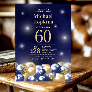 60th Birthday Surprise Navy Blue Gold Balloons Invitation