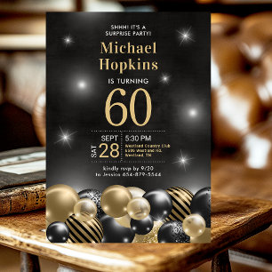 60th Birthday Surprise Party Black Gold Balloons Invitation