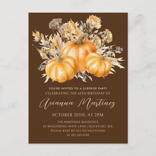 60th Birthday Surprise Party Rustic Boho Pumpkin Invitation Postcard (Front)