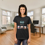 60th birthday teal custom photo woman T-Shirt<br><div class="desc">For a 60th birthday as a gift or for the party. A collage of 3 of your photos of herself friends,  family,  interest or pets.  Personalise and add her name,  age 60 and a date.  Date of birth or the date of the birthday party.  Teal and purple coloured letters.</div>