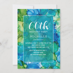 60th Birthday Teal Green Alcohol Ink Elegant Invitation