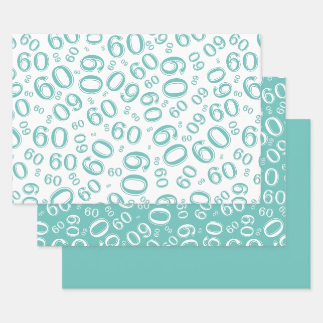 60th Birthday Teal & White Number Pattern 60 Wrapping Paper Sheet (Set)