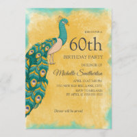 60th Birthday Teal Yellow Watercolor Peacock