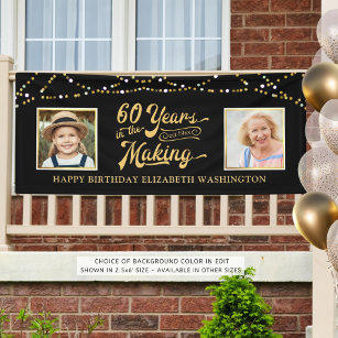 60th Birthday Then & Now Photos Black Gold Lights Banner