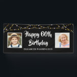 60th Birthday Then & Now Photos Lights Black Banner<br><div class="desc">Celebrate a 60th birthday and welcome party guests with this editable black banner sign featuring THEN and NOW photos of the birthday man or woman with a border of gold and white string lights. EDITABLE COLOR: The black background colour and text fonts and colour can be changed to coordinate with...</div>