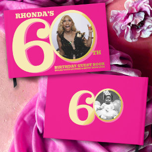 60th birthday two photos hot pink gold guest book