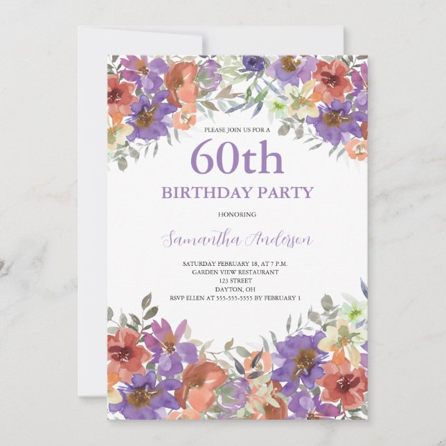 60th Birthday Watercolor Floral Invitation (Front)