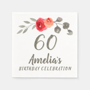 60th Birthday Watercolor Rose Floral Party Napkin