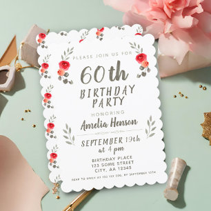 60th Birthday Watercolor Rose Twig Floral Invitation