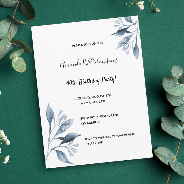 60th birthday white blue botanical invitation postcard (Creator Uploaded)