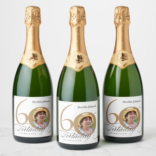 60th Birthday White Gold Calligraphy Custom Photo Sparkling Wine Label (Bottles)