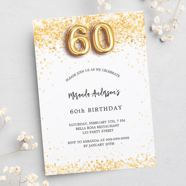 60th birthday white gold confetti luxury invitation (Creator Uploaded)