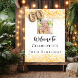 60th birthday white gold photo confetti welcome poster<br><div class="desc">A welcome poster for a feminine and glamourous 60th birthday party.  A white background decorated with colden confetti.   Personalise and add a photo and name.  Number 60 is written with a balloon style font.</div>