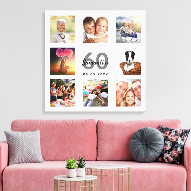 60th birthday white photo collage monogram canvas print (Insitu(LivingRoom))