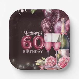 60th Birthday Wine & Balloons Personalised Paper Plate