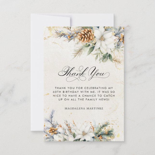 60th Birthday Winter White Floral Greenery Thank You Card (Front)