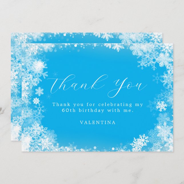 60th Birthday Winter Wonderland Snowflake Blue Thank You Card (Front/Back)
