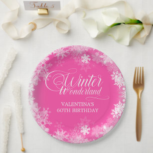 60th Birthday Winter Wonderland Snowflake Pink Paper Plate