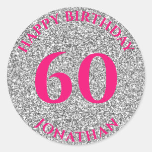 60th Birthday with Name Silver Glitter Classic Round Sticker