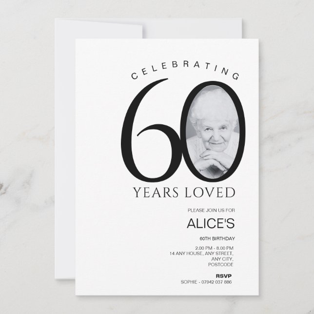 60th Birthday with Photo in Number, Minimalist  Invitation (Front)