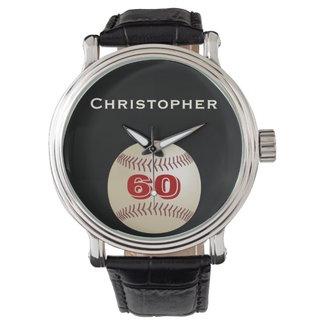 60th Birthday Wrist Watch, Personalised, Baseball Watch (Front)