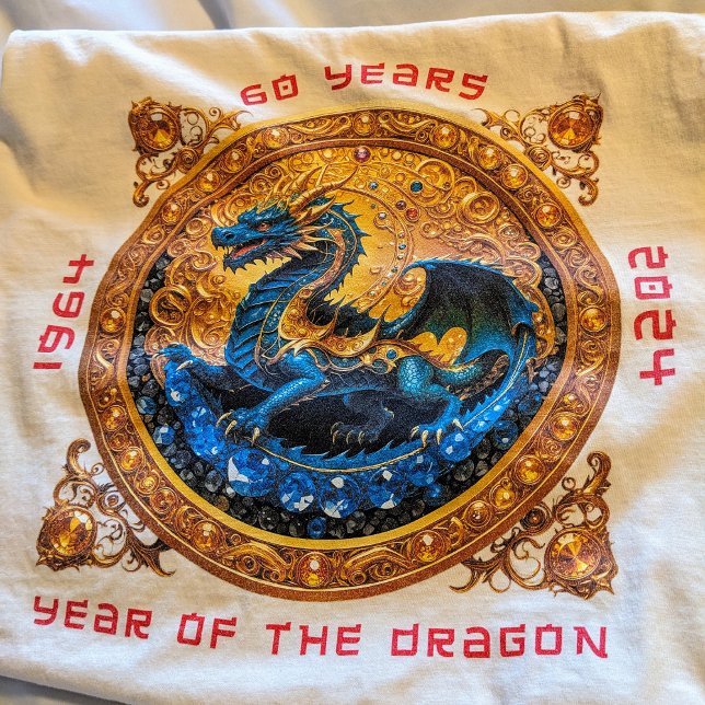 60th Birthday Year Of the Dragon Cool Ornate Gold T-Shirt (1964 milestone sixty birthday guest of honor shirt with Chinese year of the dragon  illustration.)