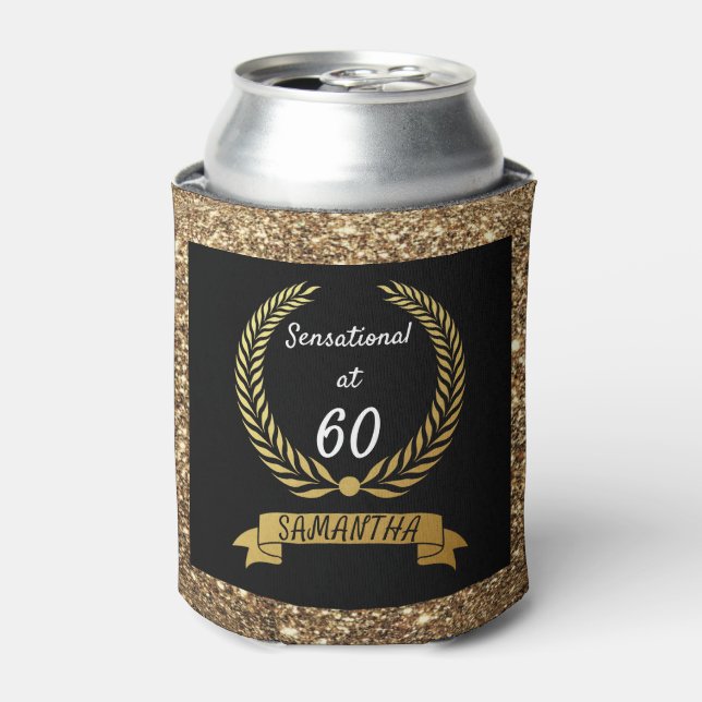 60th Black Gold Glitter Elegant Birthday Party Can Cooler (Can Front)