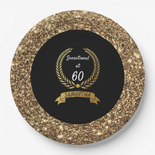 60th Black Gold Glitter Elegant Birthday Party Paper Plate