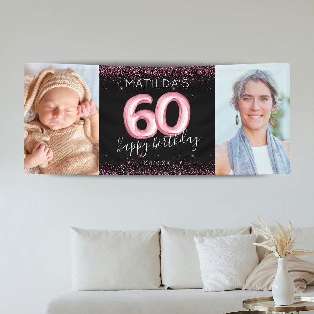 60th Black Pink Happy Birthday Photo Banner (Creator Uploaded)