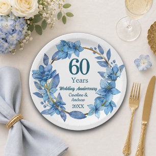 60th Blue Floral Diamond Wedding Anniversary Paper Plate