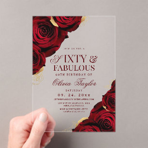 60th Burgundy Gold Roses Birthday  Acrylic Invitations