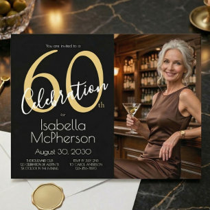 60th Celebration Photo Black Gold 60th Birthday Invitation