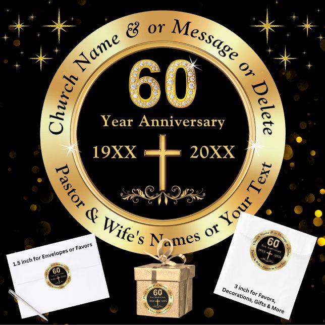 60th Church Anniversary, for Favours, Envelopes... Classic Round Sticker (Church 60th anniversary party stickers. Black and gold, 60th church anniversary stickers. 60 year.)
