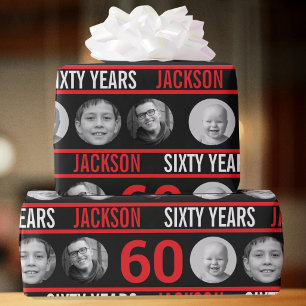 60th custom photo birthday red and black wrapping paper