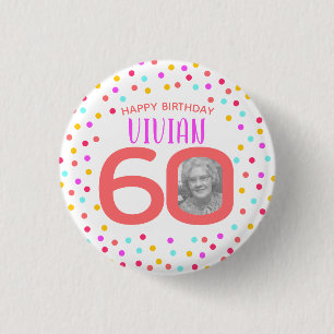 60th custom photo colourful coral confetti birthda 3 cm round badge