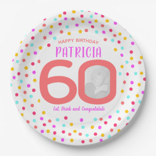 60th custom photo colourful coral confetti birthda paper plate