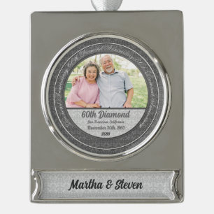 60th Diamond Anniversary Date and Name Photo Silver Plated Banner Ornament