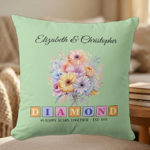 60th Diamond anniversary floral green Cushion