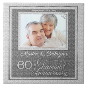 60th Diamond Anniversary Silver Damask Photo Tile