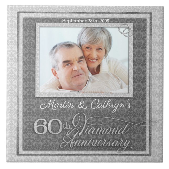 60th Diamond Anniversary Silver Damask Photo Tile (Front)