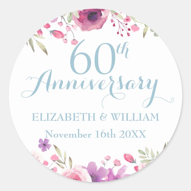 60th Diamond Anniversary Watercolour Roses Classic Round Sticker (Front)