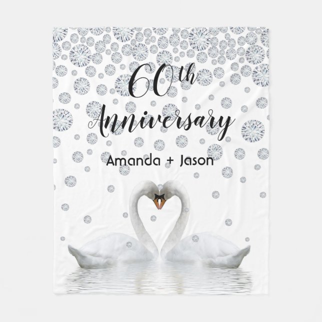 60th diamond anniversary white swans in love fleece blanket (Front)