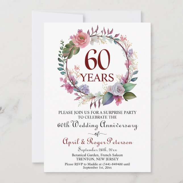 60th Diamond Surprise Wedding Anniversary Floral Invitation (Front)