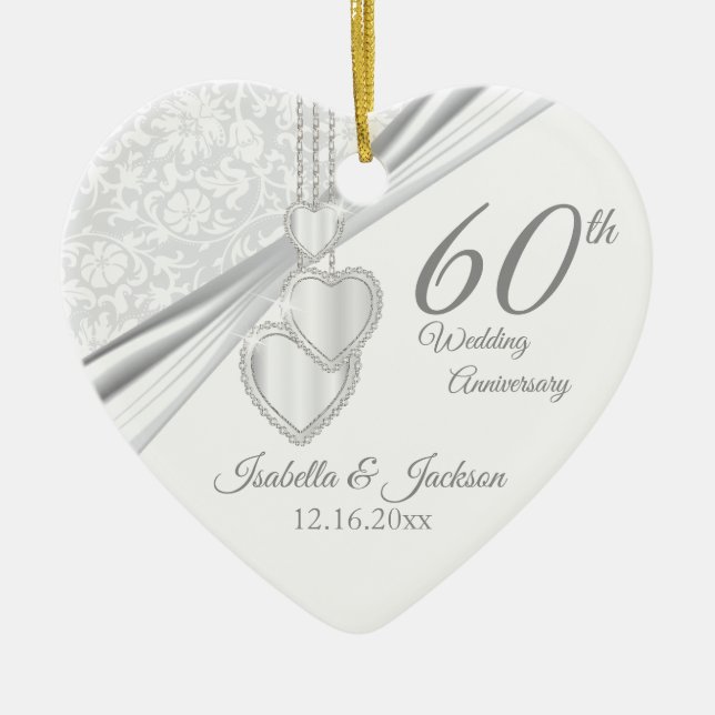 60th Diamond Wedding Anniversary Ceramic Tree Decoration (Front)
