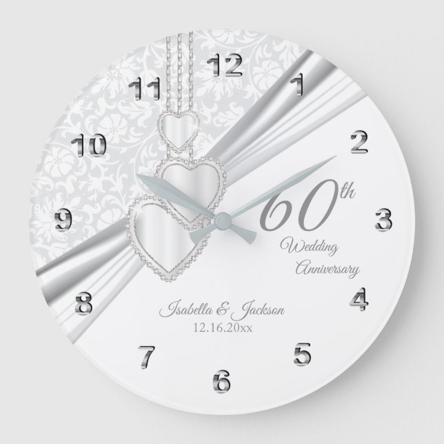 60th Diamond Wedding Anniversary Design on White Large Clock (Front)