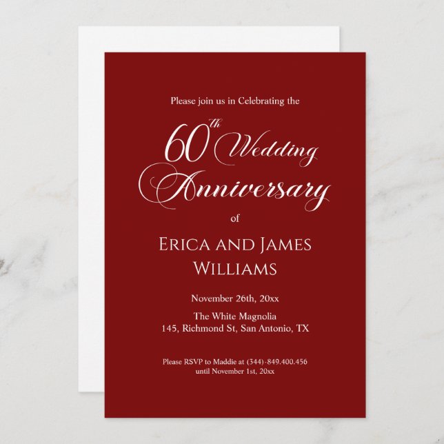 60th Diamond Wedding Anniversary Elegant Script Invitation (Front/Back)