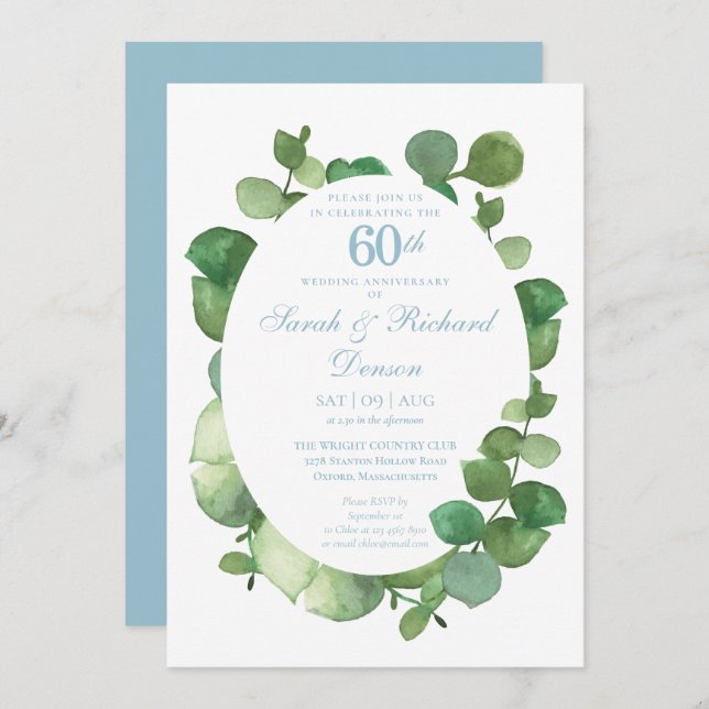 60th Diamond Wedding Anniversary Eucalyptus Invitation (Front/Back)