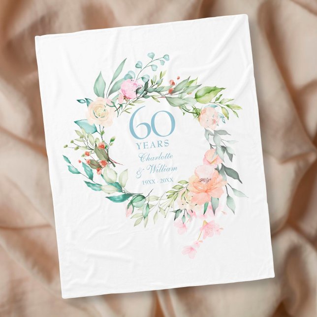 60th Diamond Wedding Anniversary Floral Garland Fleece Blanket (Creator Uploaded)