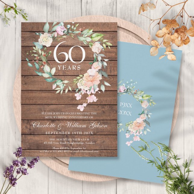 60th Diamond Wedding Anniversary Floral Rustic Invitation (Creator Uploaded)